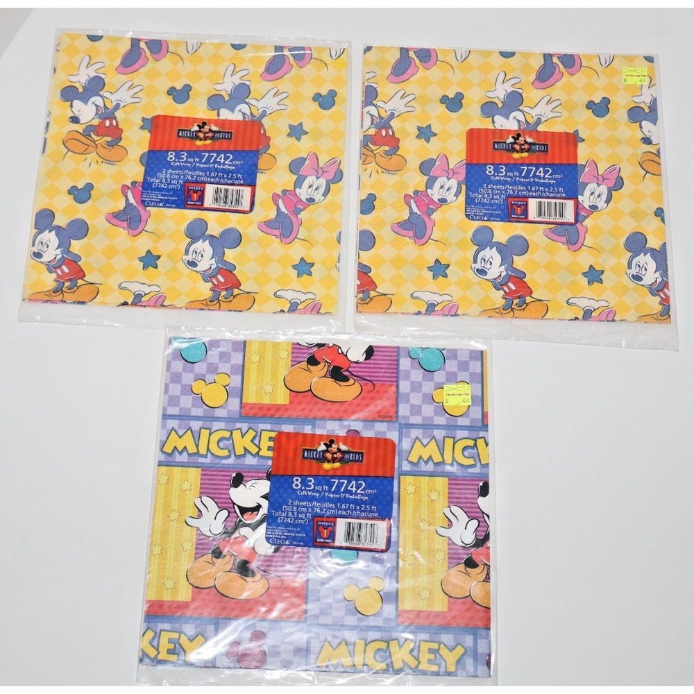 CLEO 1999 Disney Mickey Minnie Mouse Birthday Flat Wrapping Paper Lot 3 Vintage
